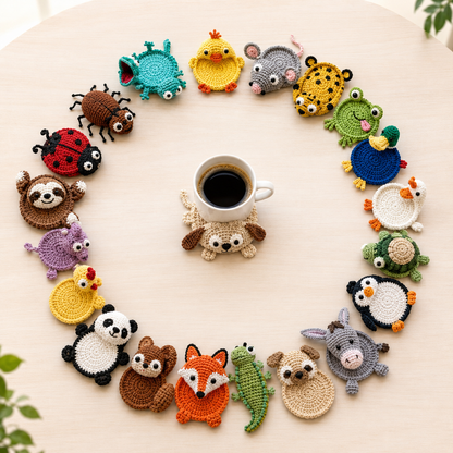 21-in-1 Pop-Up Animal Coaster Crochet Pattern Bundle PDF | Interactive Mug Rug Designs